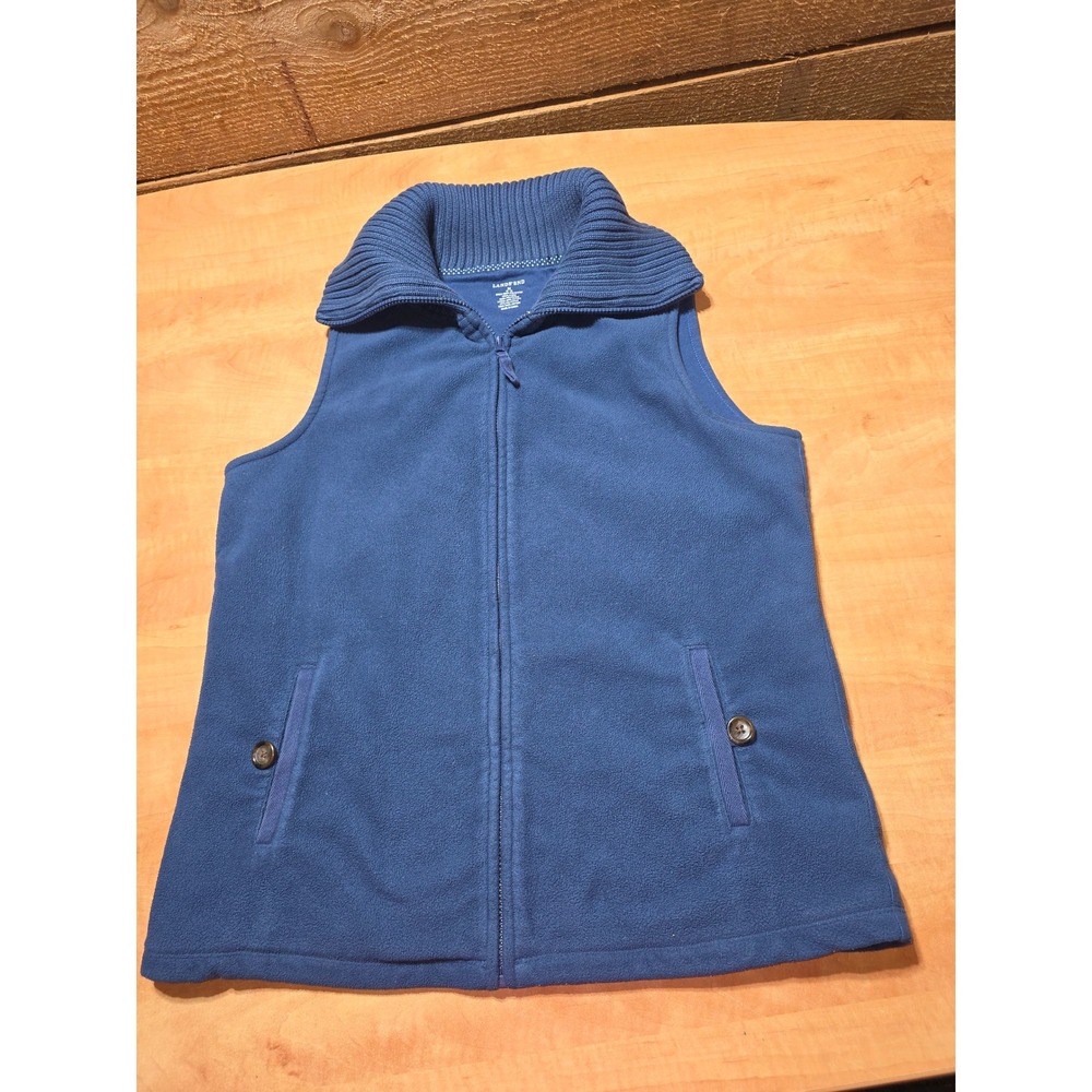 Lands End Blue Fleece Full Zip Vest Rib Knit Collar Womens Medium 10-12